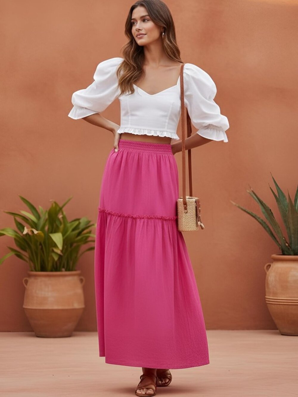 ELF Annabelle Linen Maxi Skirt Pockets Pink S EUC